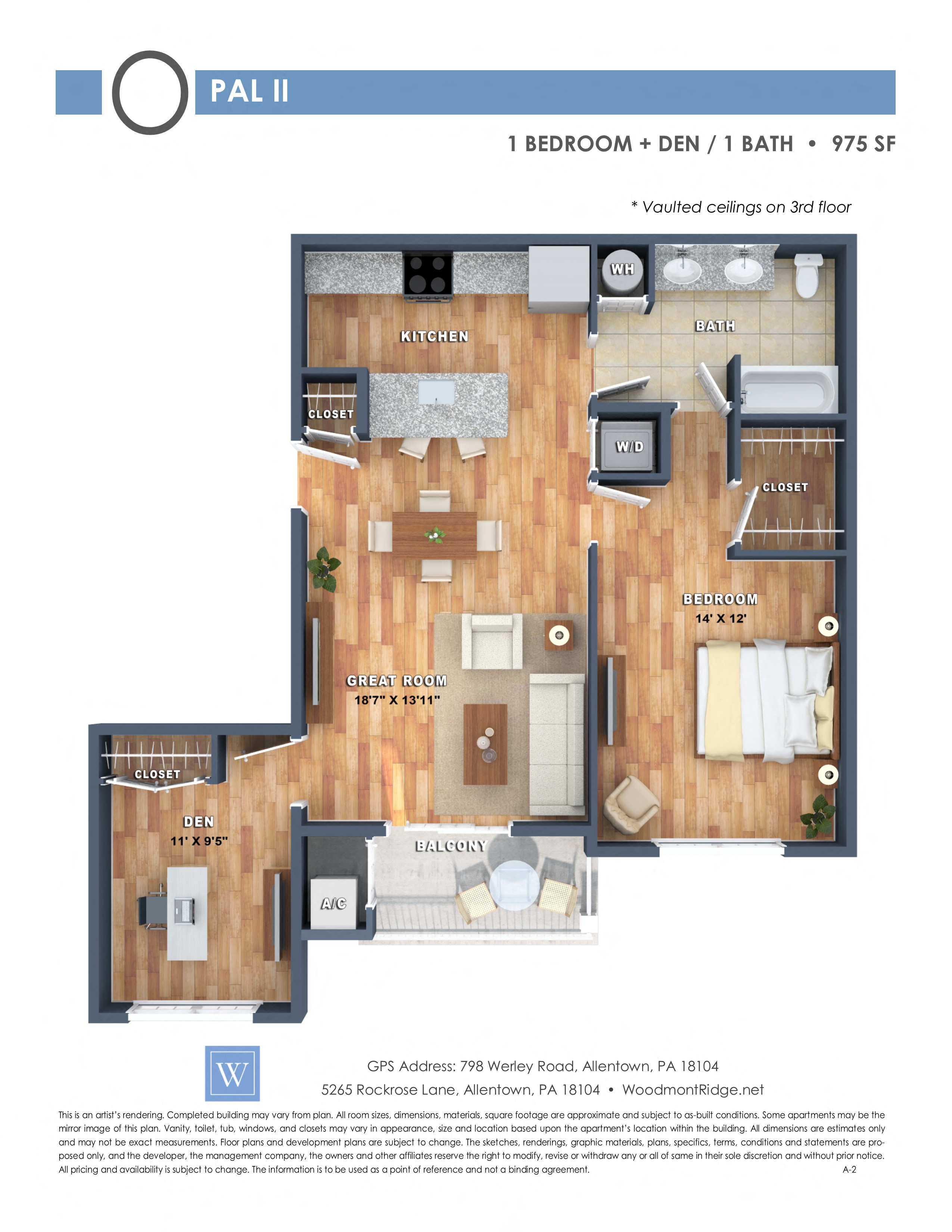 Floor plan for 1 bed, 1 bath, 975 sqft